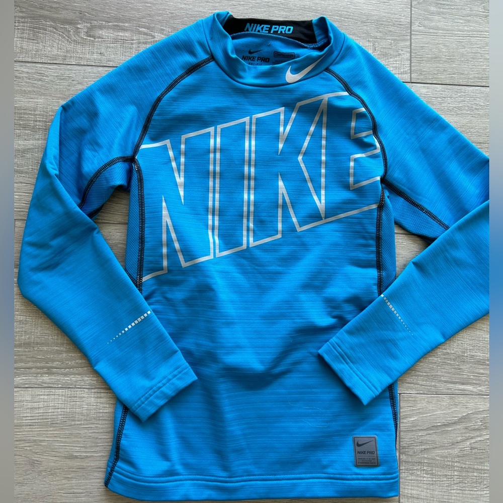 Nike Pro Boys L Compression Long Sleeve Top Blue Dri-FIT Therma Training/Unisex